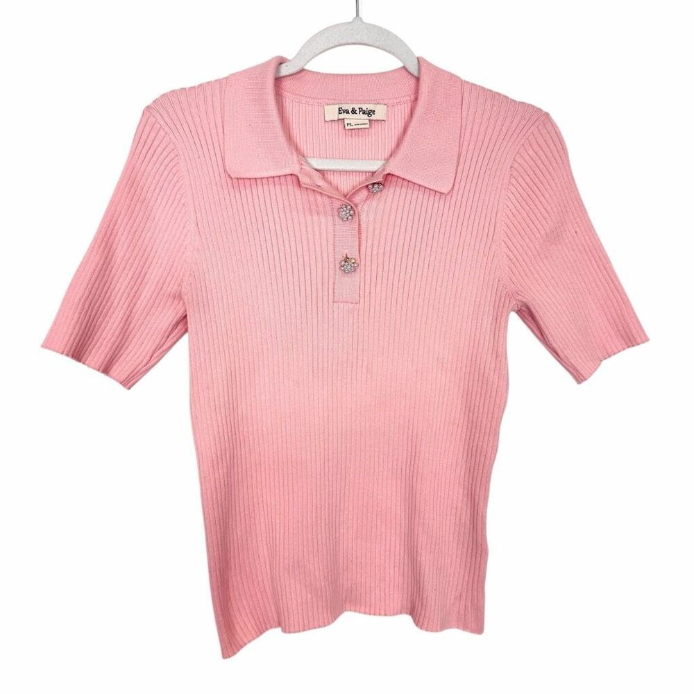 Eva & Paige Pink Ribbed Knit Polo Shirt Pearl Beaded Button Top Large LP Womens
